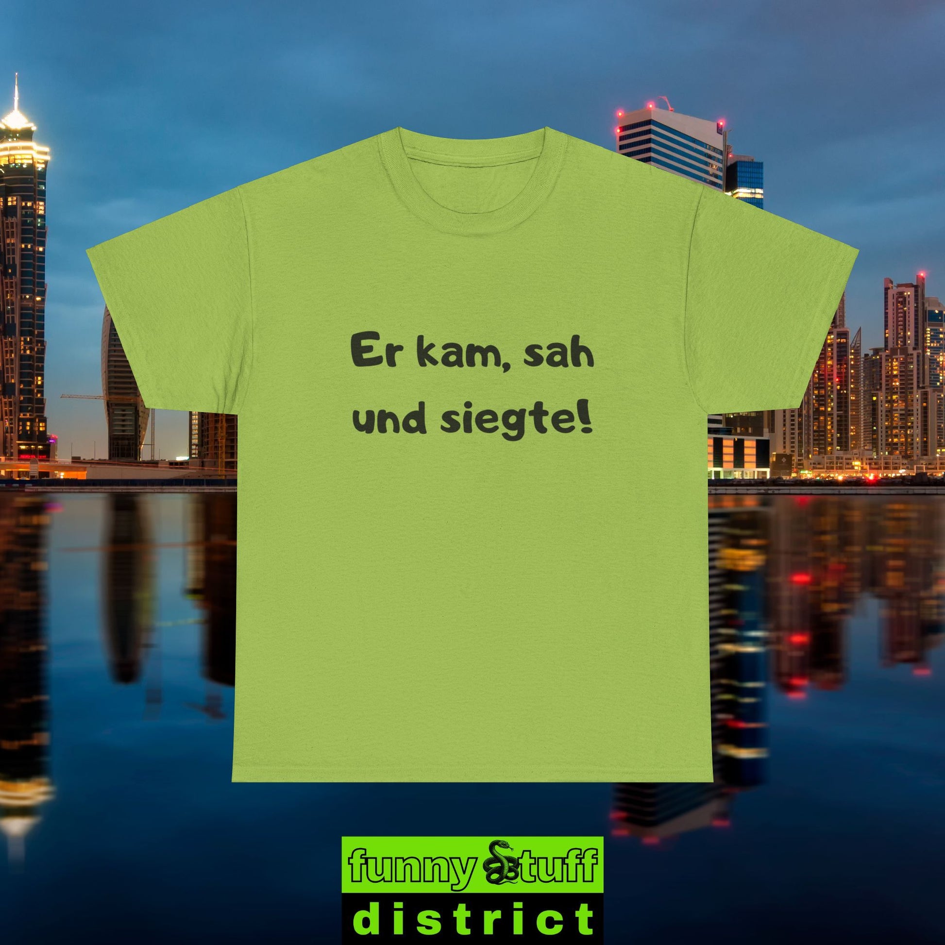 T-Shirt Baumwolle Motiv Er kam sah und siegte von vorne in kiwigrün