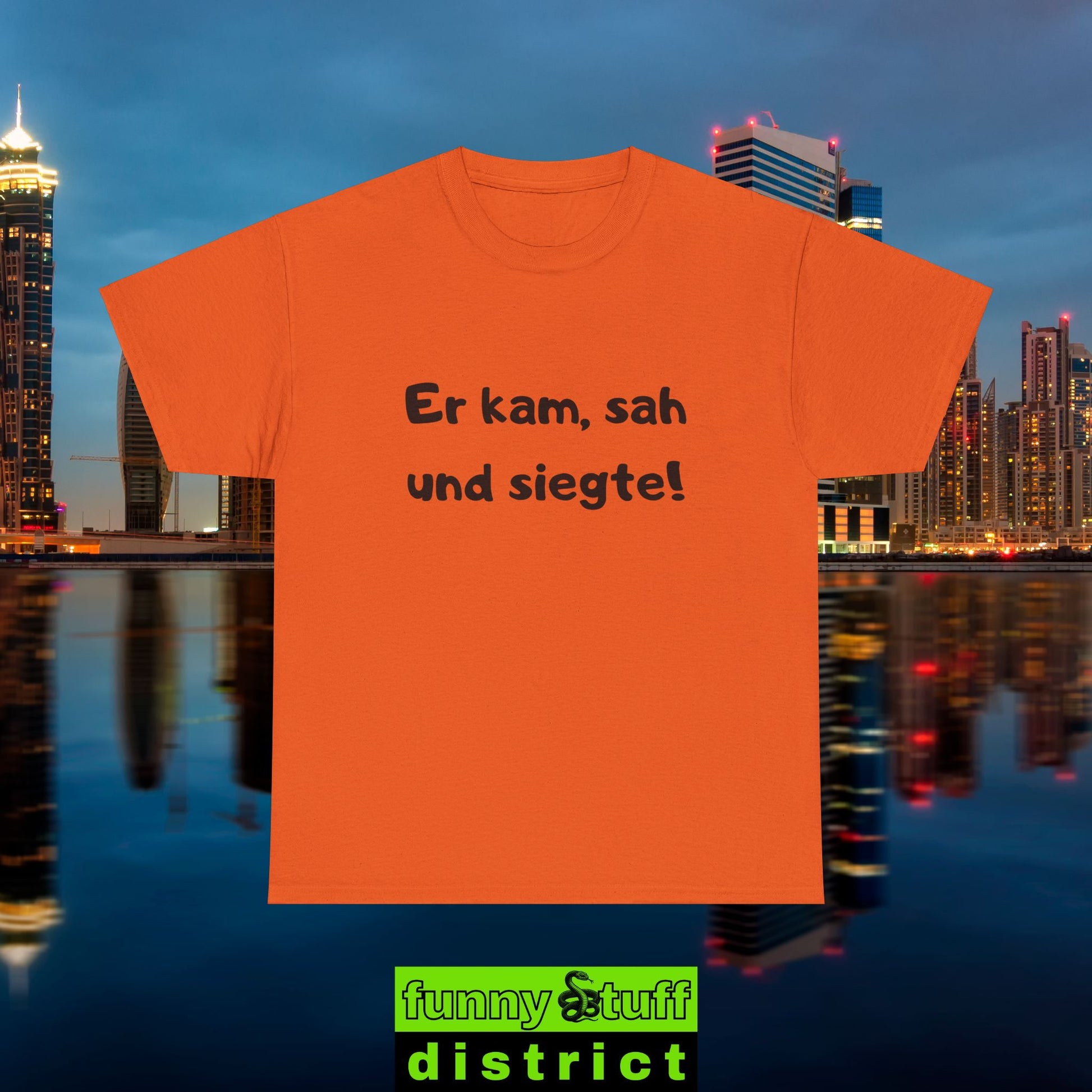 T-Shirt Baumwolle Motiv Er kam sah und siegte von vorne in orange