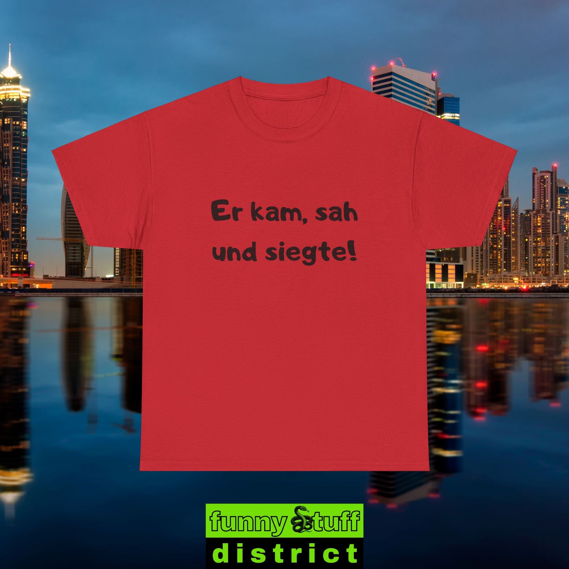 T-Shirt Baumwolle Motiv Er kam sah und siegte von vorne in rot