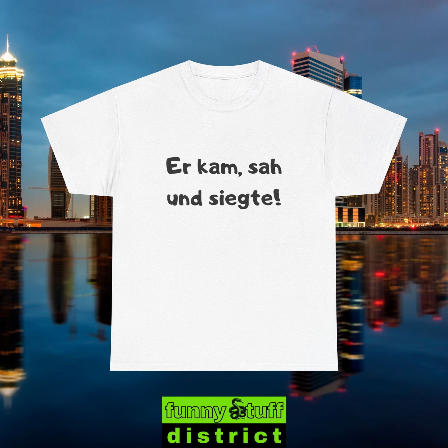 T-Shirt Baumwolle Motiv Er kam sah und siegte von vorne in weiß
